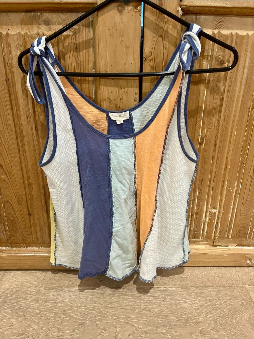 Vintage Havana Multi-Stripe Tie-Shoulder Tank Top — Blue, Peach, Cream